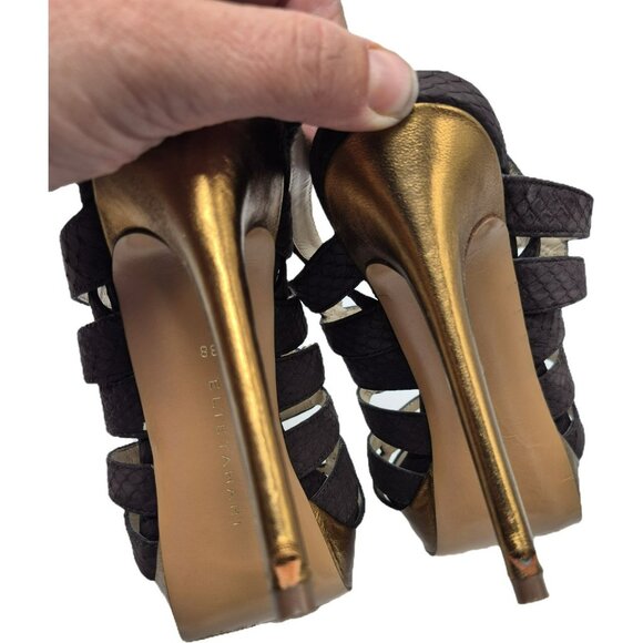 Elie Tahari Meredith Wedge Suede Strappy Heeled Sandals Brown Gold Women's 8 38 - Picture 6 of 9